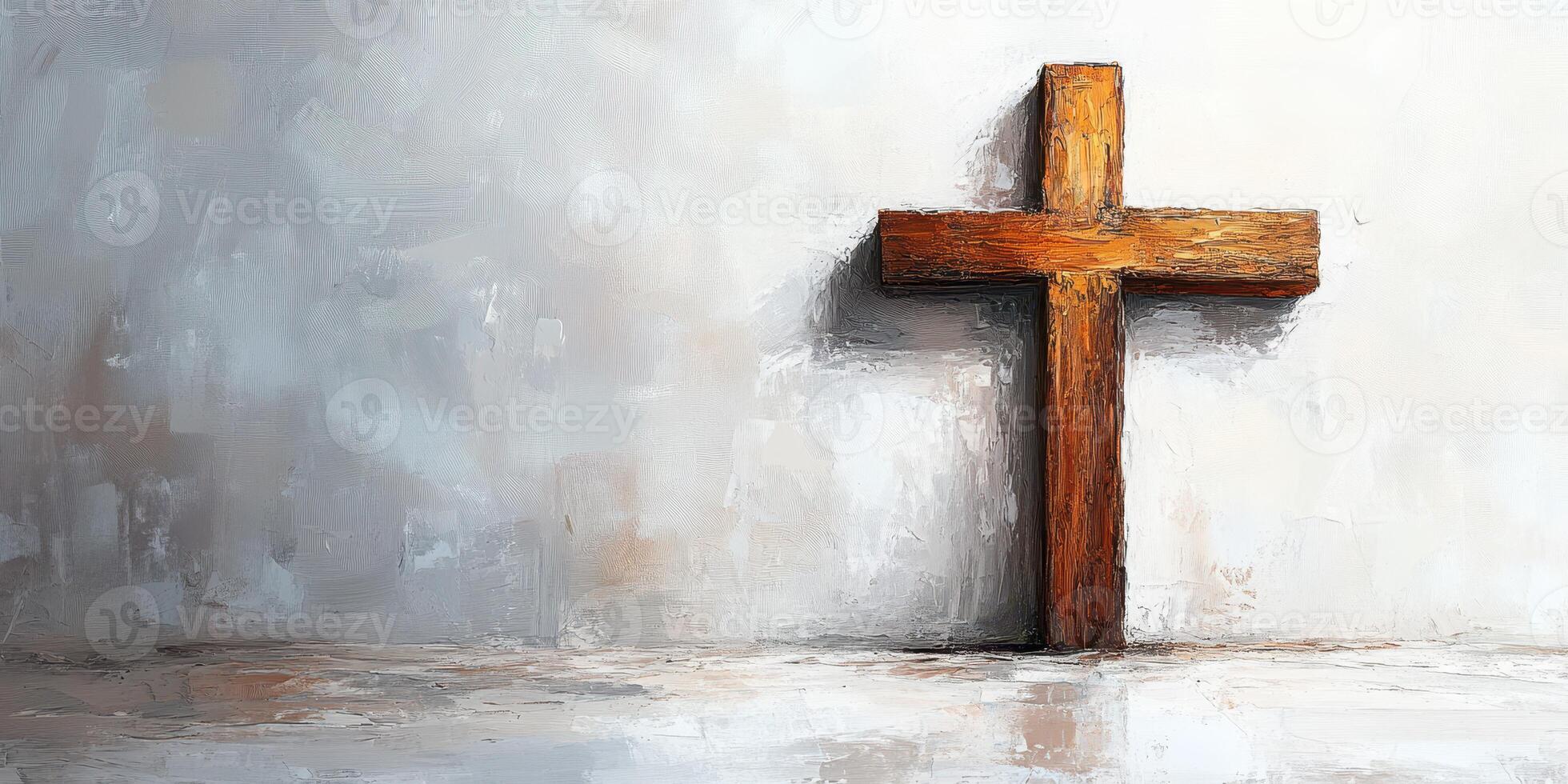Wooden cross rests against a weathered wall in a serene setting evoking reflection and spirituality photo