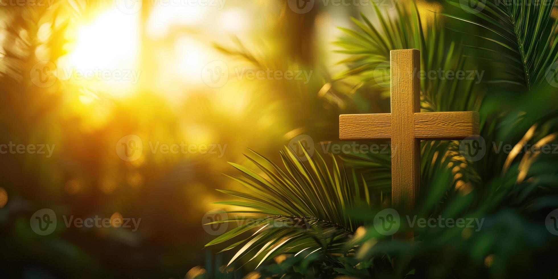 Wooden cross surrounded by lush greenery at sunset creates a serene atmosphere of reflection and spirituality photo