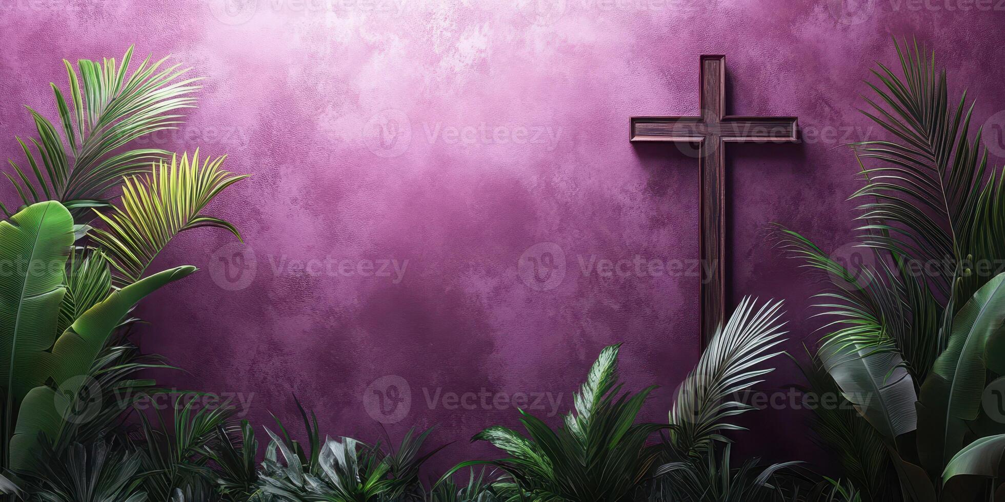 Cross against a vibrant purple wall surrounded by lush green plants in a serene atmosphere photo