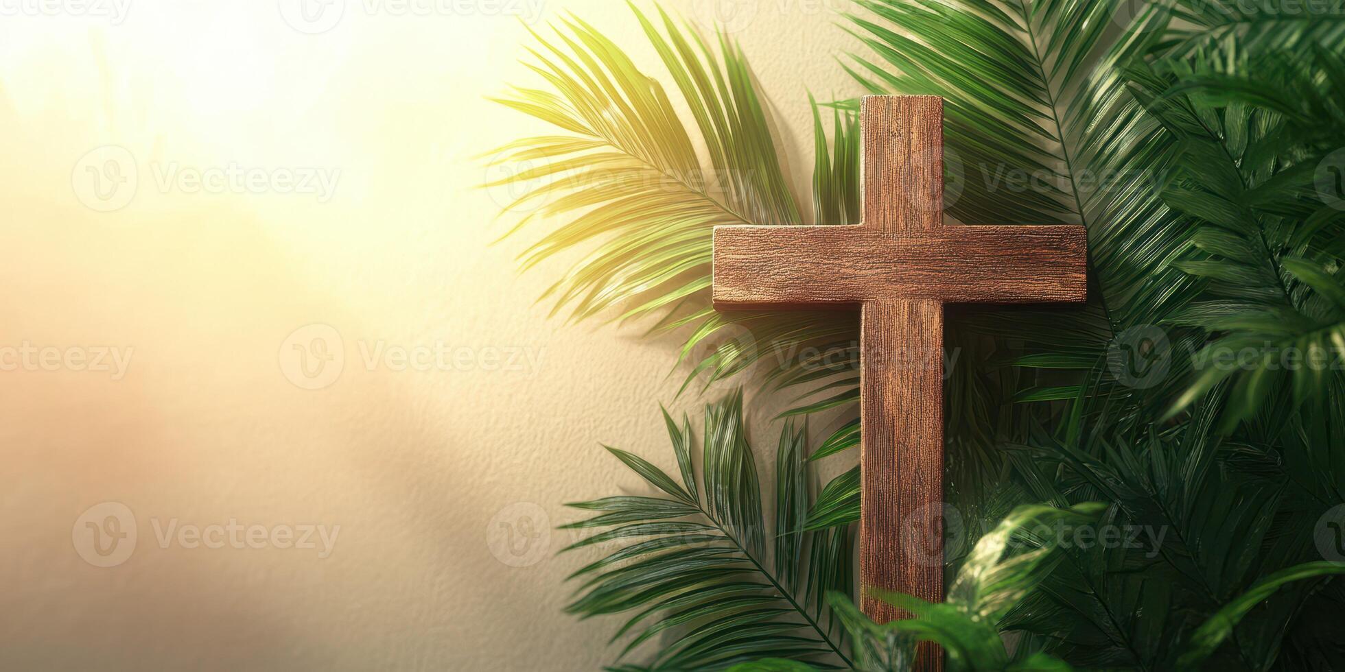 Wooden cross surrounded by lush greenery in a serene setting with soft light filtering through photo