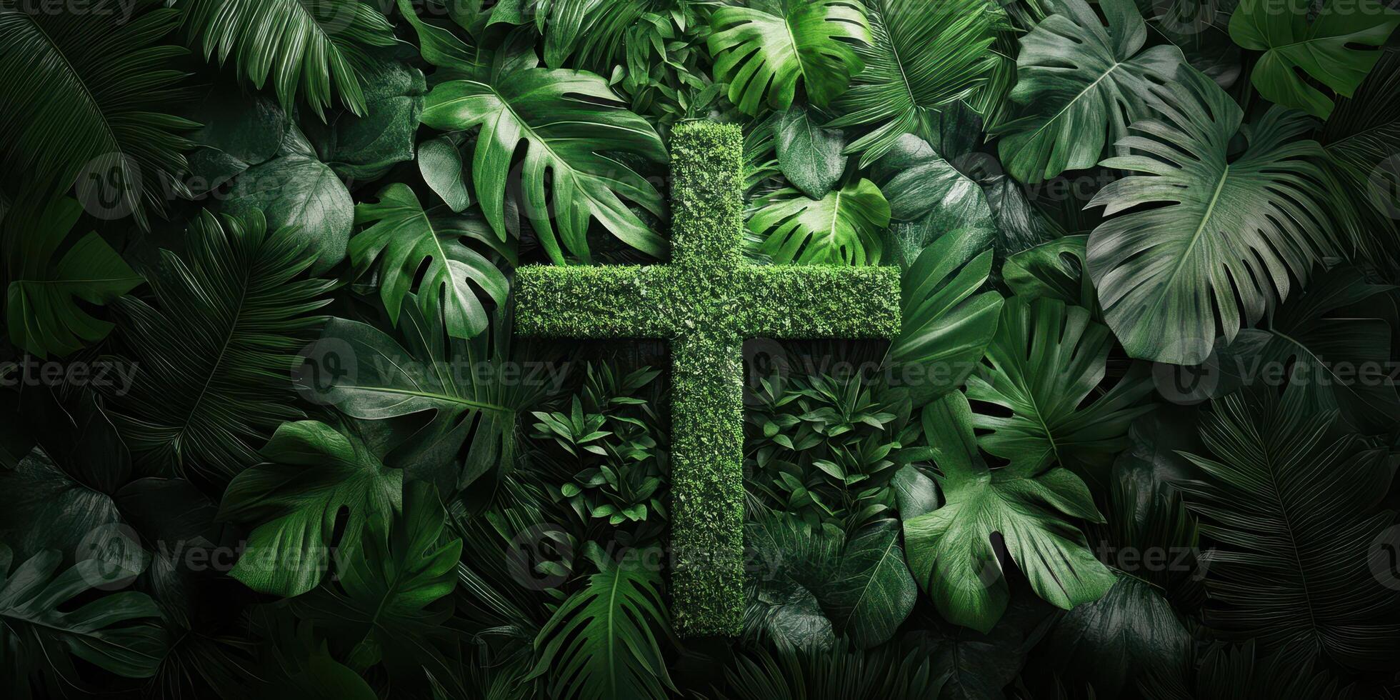 Green foliage background featuring a cross made of lush plants suitable for nature-themed religious contexts photo
