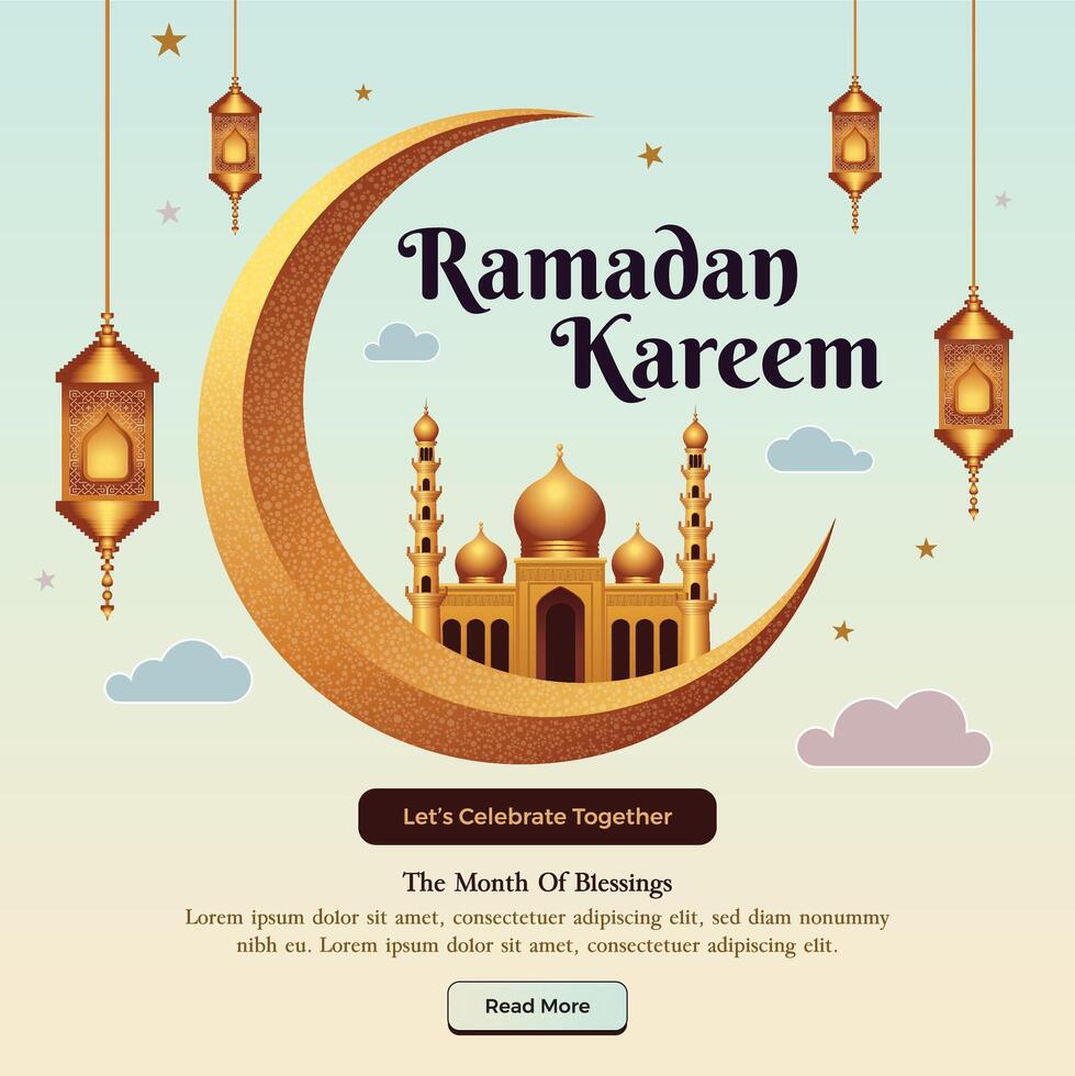 Golden light, a beautiful mosque, and a crescent moon. a perfect picture of Ramadan Kareem. vector