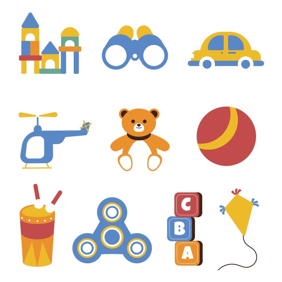 Colorful toys including building blocks, binoculars, and teddy bear shown flat lay style. Great as educational illustration and children creative fun concept. vector