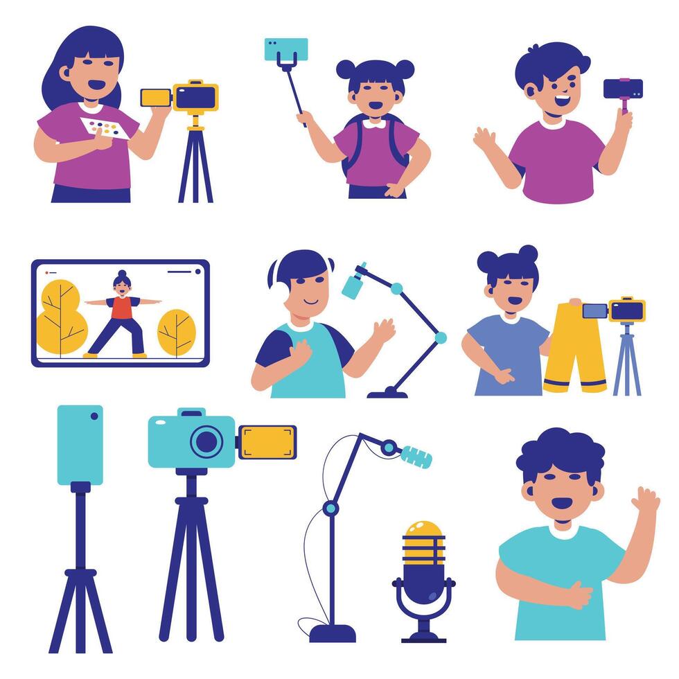 An array of flat design icons depicting various content creators and their vlogging equipment. vector