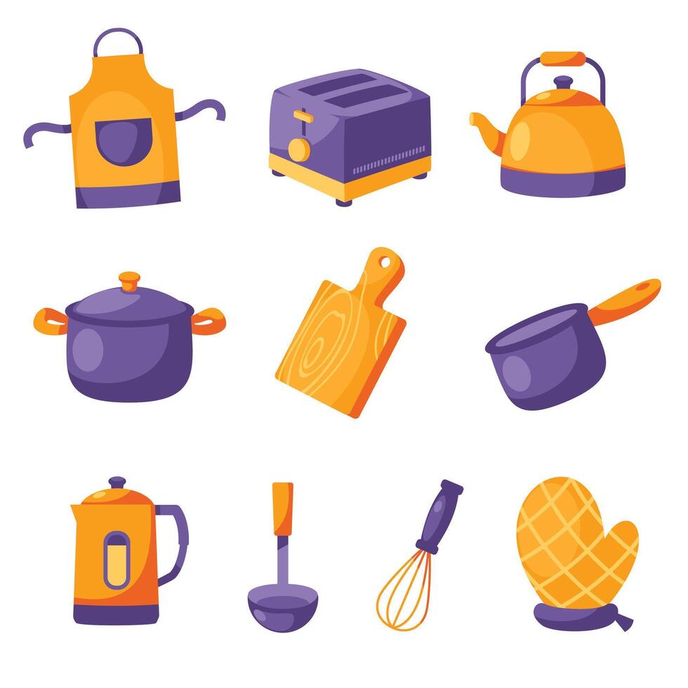 Various kitchen utensils are artistically presented in a bright, modern flat design, perfect for decorating kitchen spaces or educational materials. vector