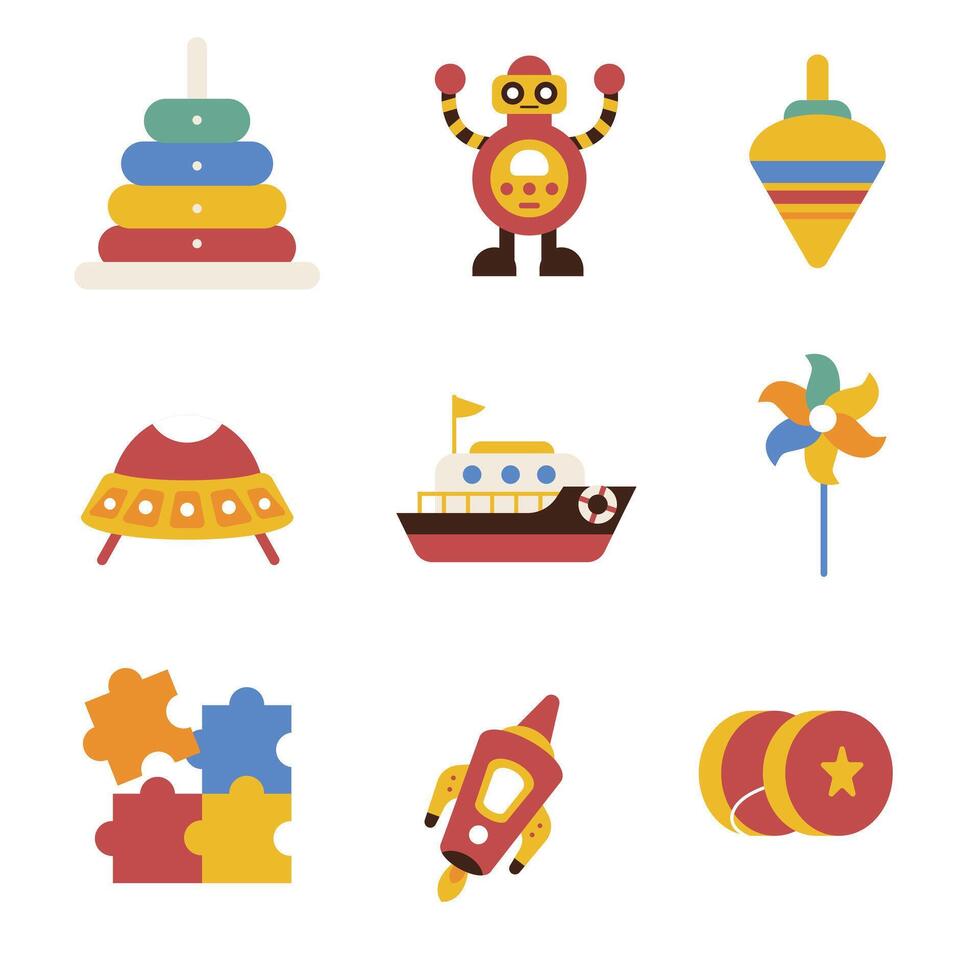 Adorable collection of colorful toys including a robot, boat, and stacker creates a fun, playful atmosphere perfect for children's illustrations or designs. vector