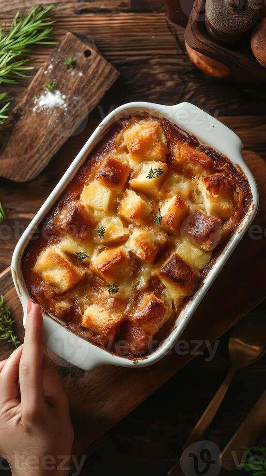 Delicious baked dish of bread and cheese with herbs served on rustic wooden table photo