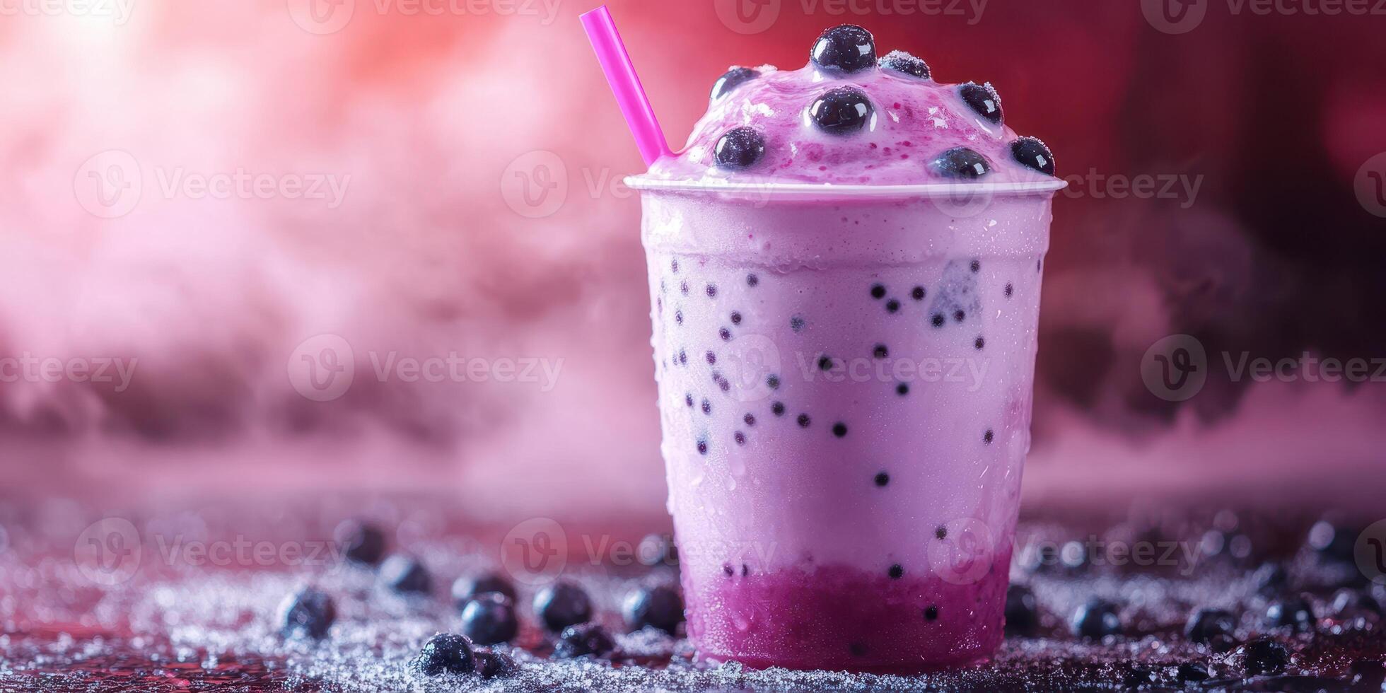 Refreshing purple smoothie with tapioca pearls on a vibrant background during a summer gathering photo
