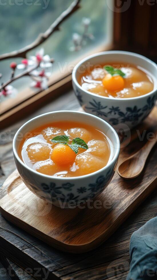 Delicious fruit dessert with vibrant colors served in decorative bowls near a window with natural light photo