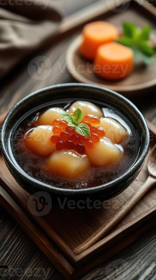 Gourmet dessert featuring soft fruits topped with vibrant pearls served in a decorative bowl photo