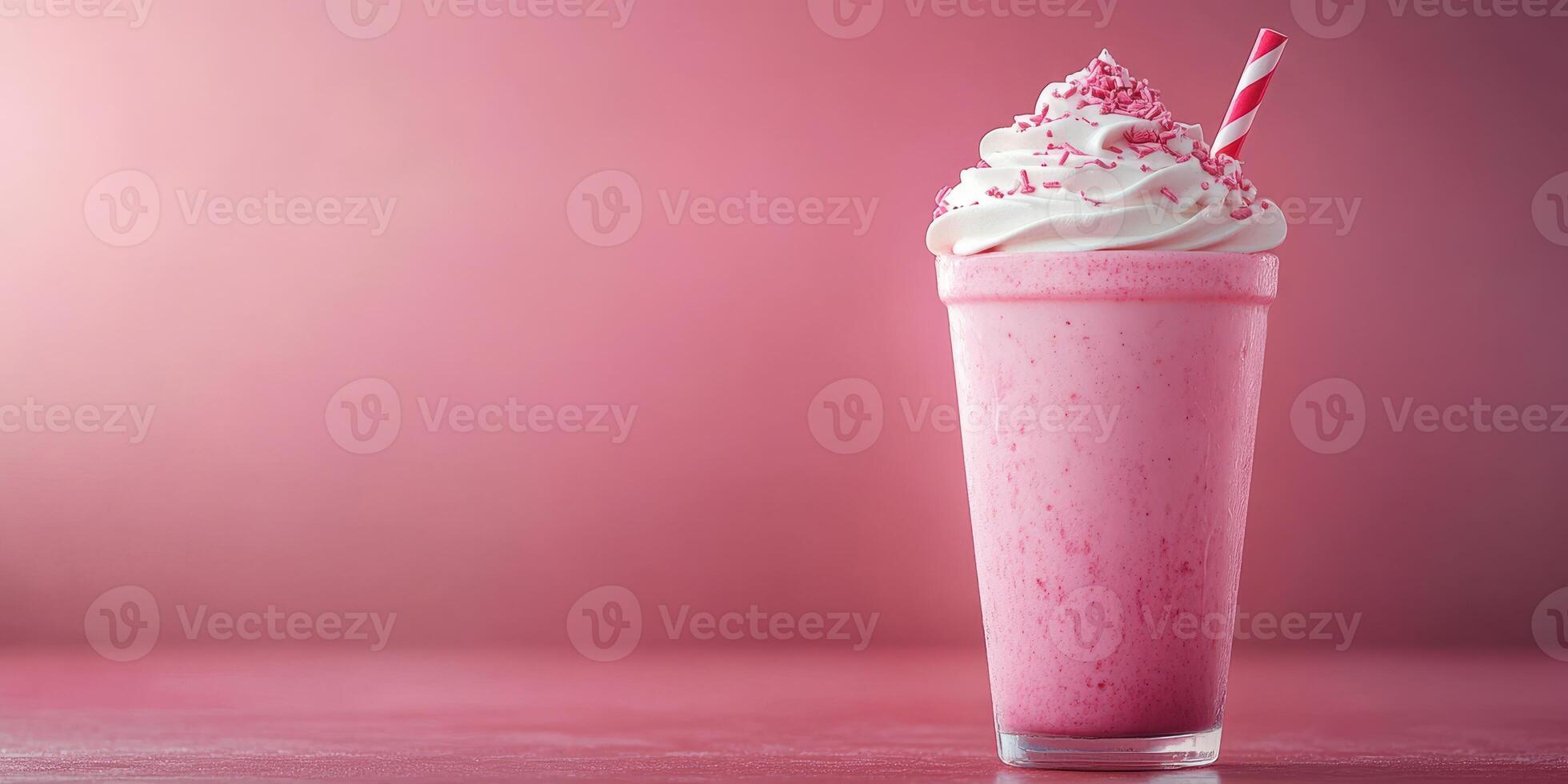 Delicious pink milkshake topped with whipped cream and sprinkles against a soft pink background photo