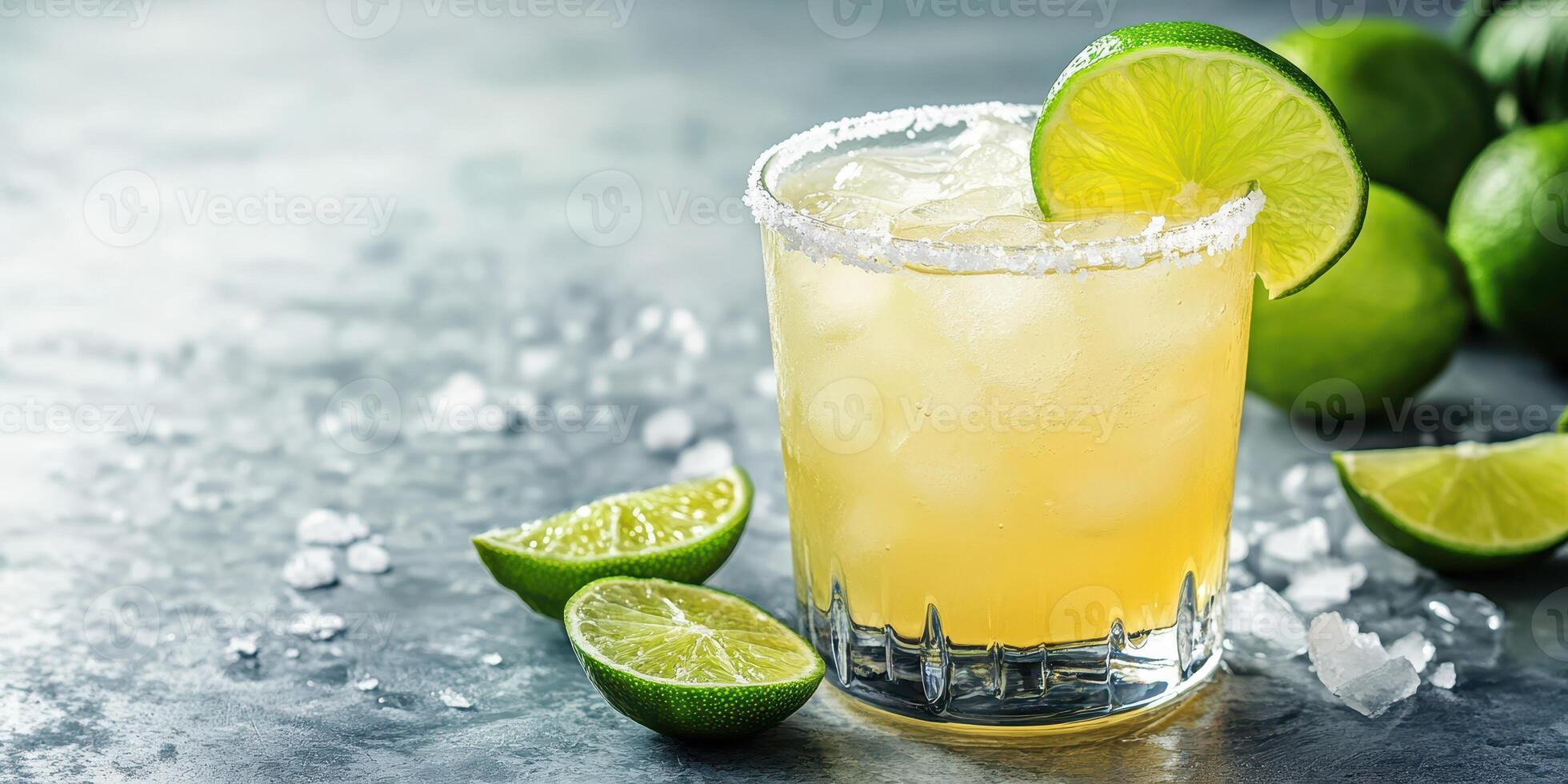 Refreshing cocktail with lime and salt served on a textured surface surrounded by fresh limes photo