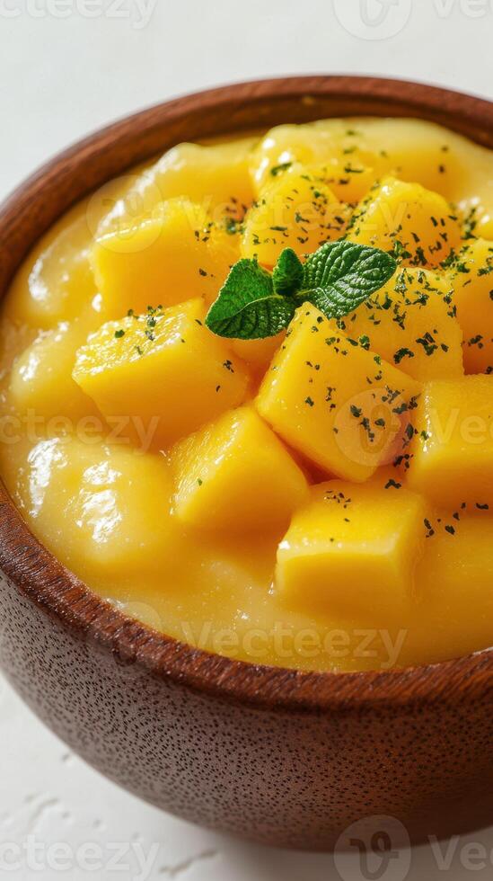 Delightful mango dessert served in a wooden bowl garnished with mint leaves and a hint of greenery photo