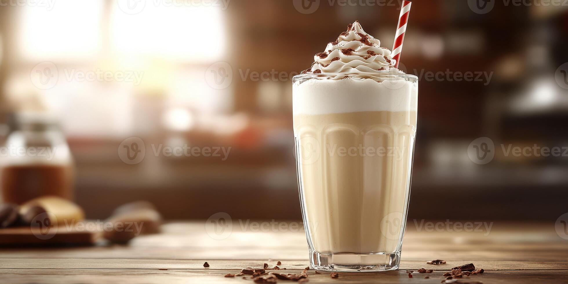 Delicious creamy coffee drink served in a glass with whipped cream and a striped straw on a rustic table photo