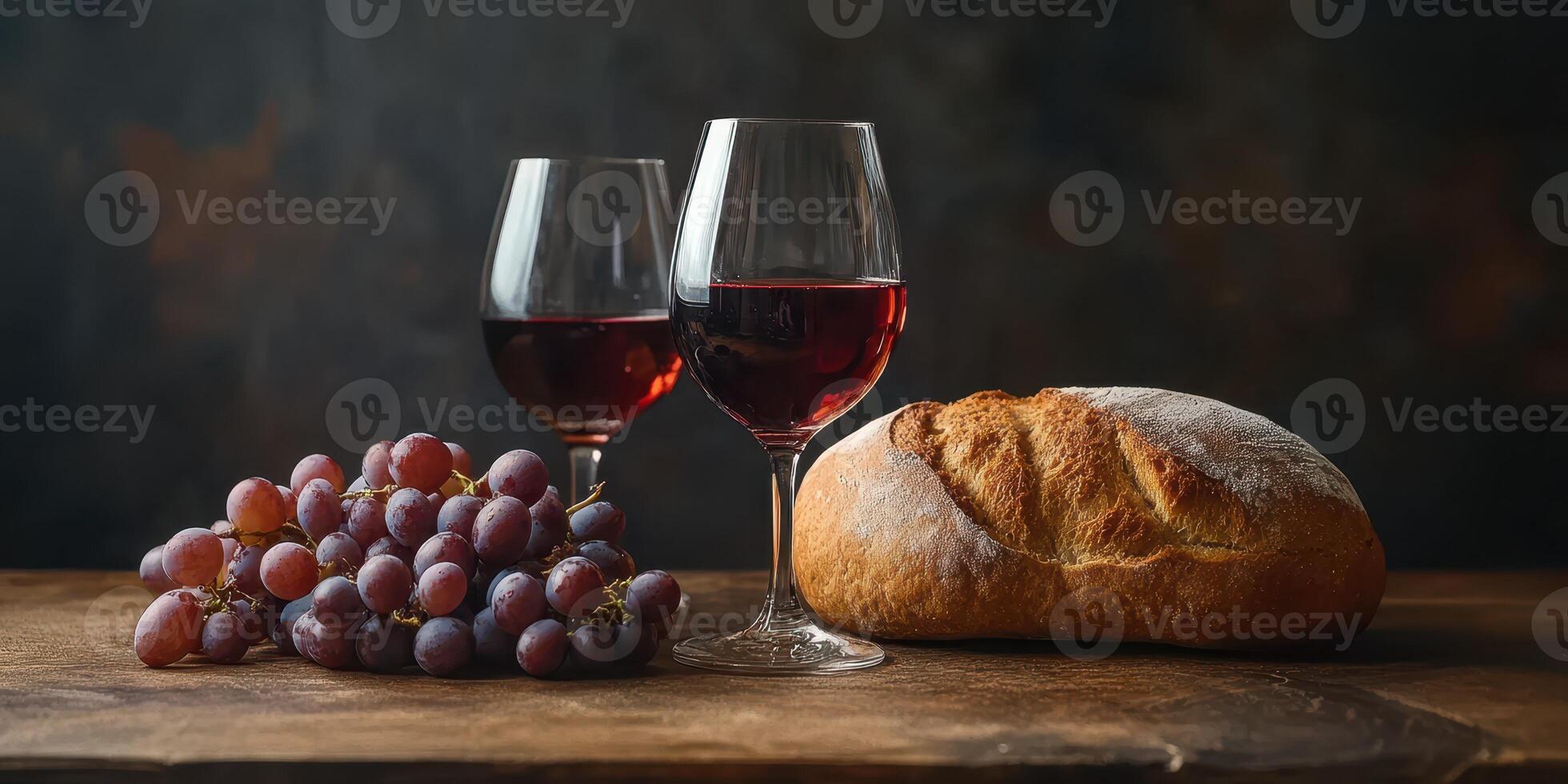 Enjoying a cozy evening with red wine, fresh bread, and grapes at home photo