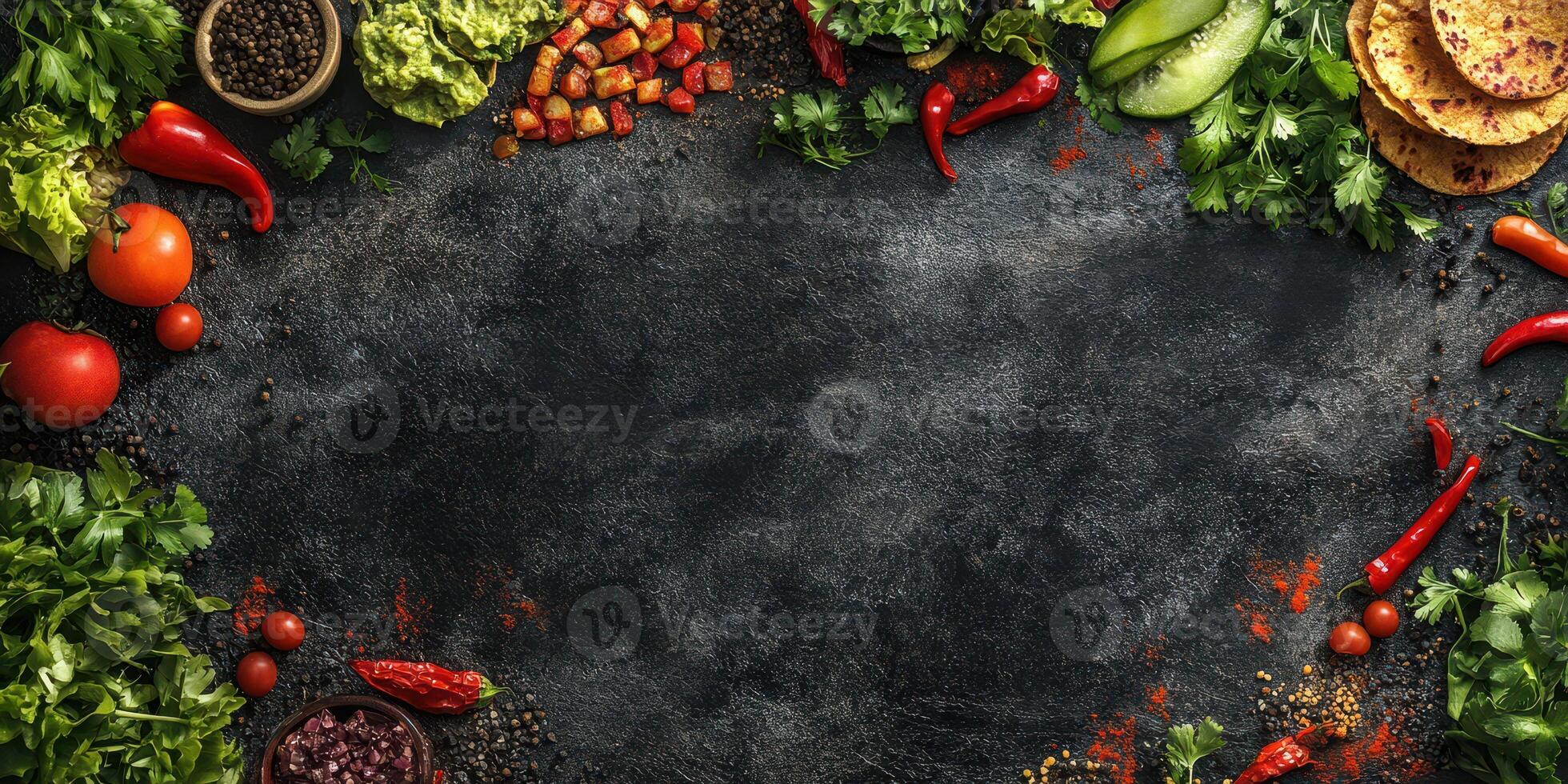 Fresh ingredients laid out for preparing a vibrant Mexican dish in a rustic kitchen setting filled with spices and vegetables photo
