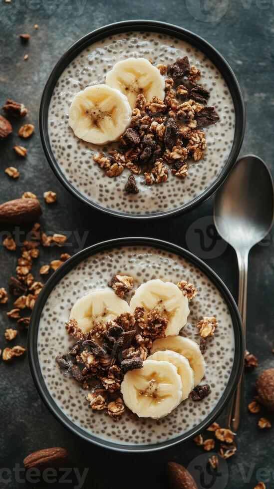 Healthy chia seed pudding topped with banana slices and granola, served in two black bowls photo