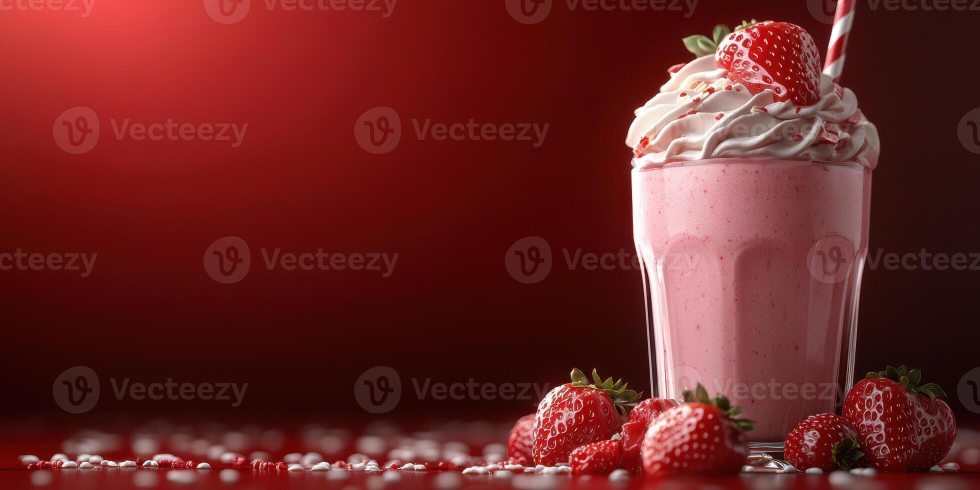 Refreshing strawberry milkshake topped with whipped cream and fresh strawberries in a cozy setting photo