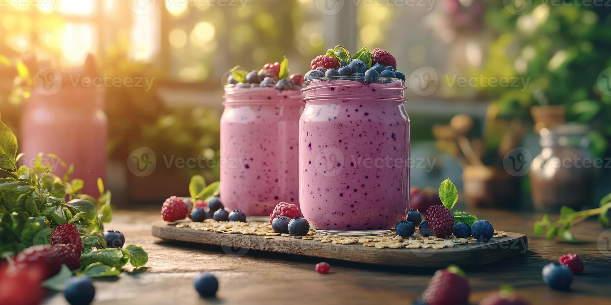 Refreshing berry smoothies served in jars on a wooden table surrounded by fresh fruits in a sunlit kitchen photo