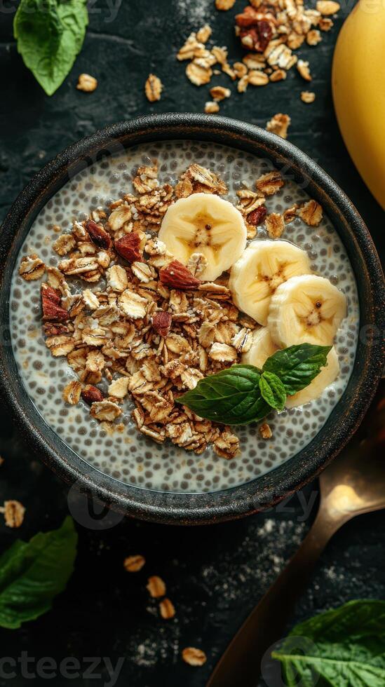 Healthy breakfast bowl with chia seeds, oats, bananas, and mint served in a rustic setting photo