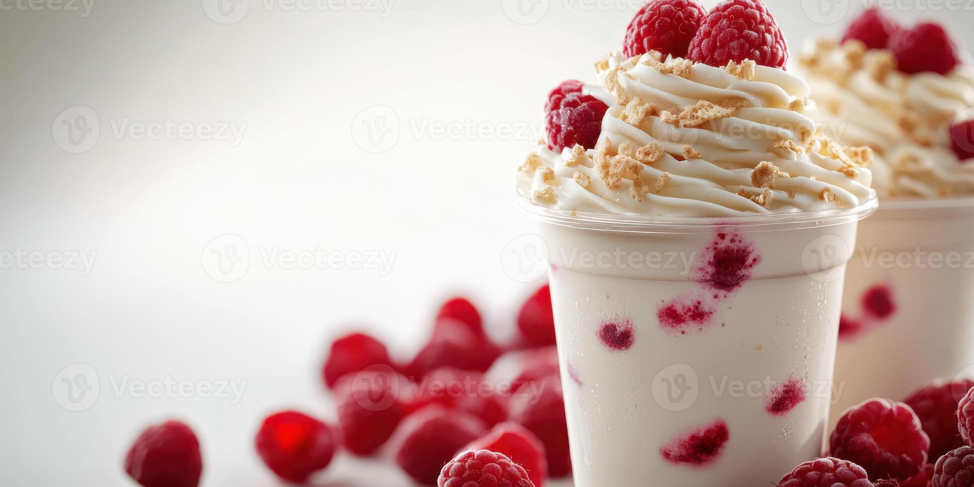 Creamy raspberry dessert topped with fresh berries and crushed cookies in a clear cup photo