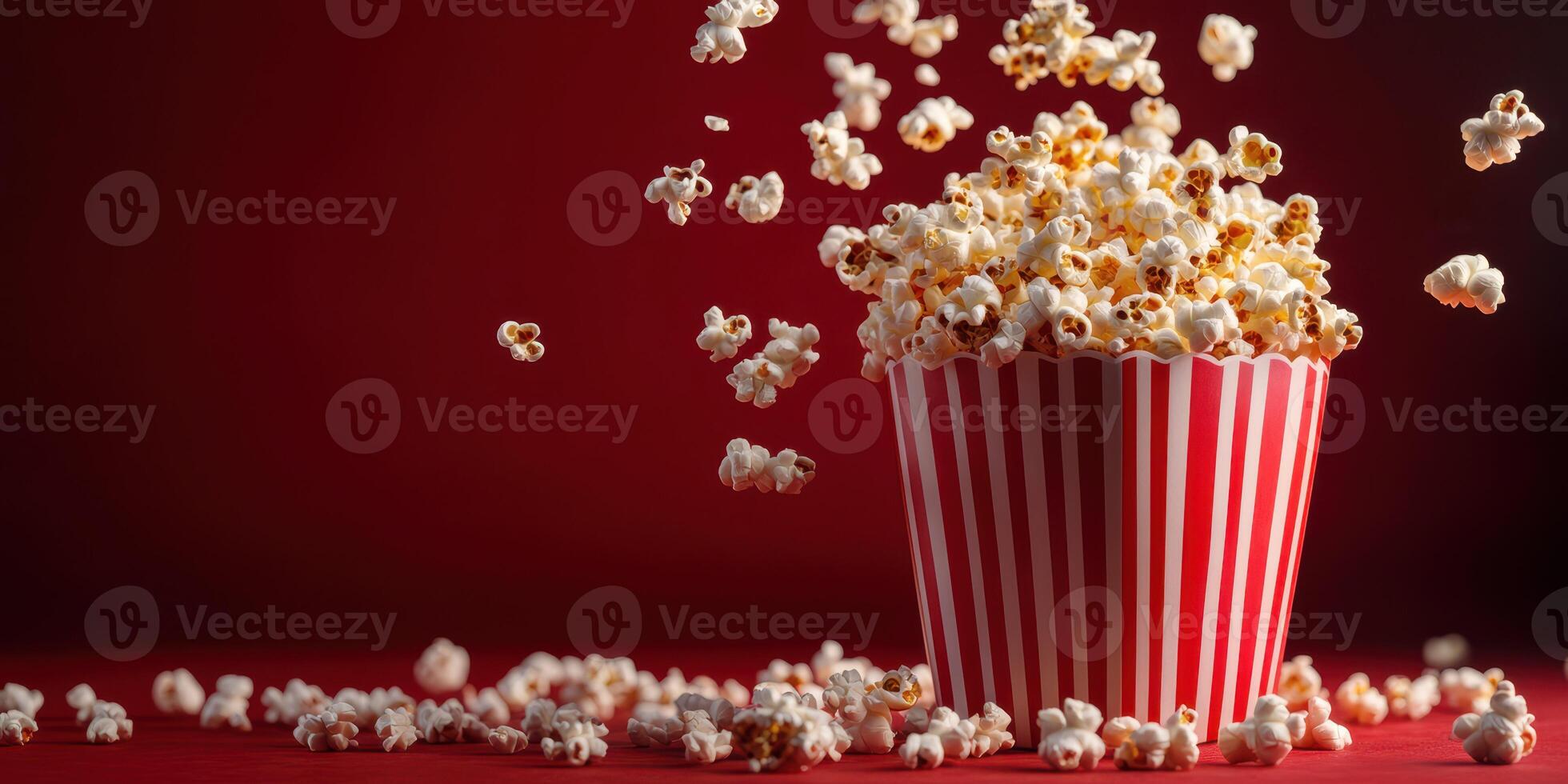 Popcorn overflowing from a classic striped bucket against a red backdrop during a movie night photo
