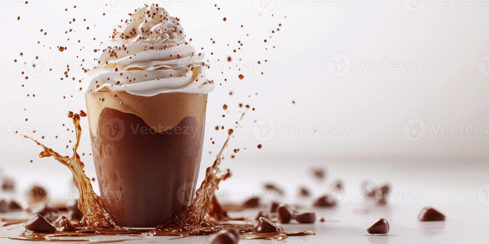 Delicious chocolate milkshake with whipped cream and chocolate splashes on a light background in a dessert setting photo