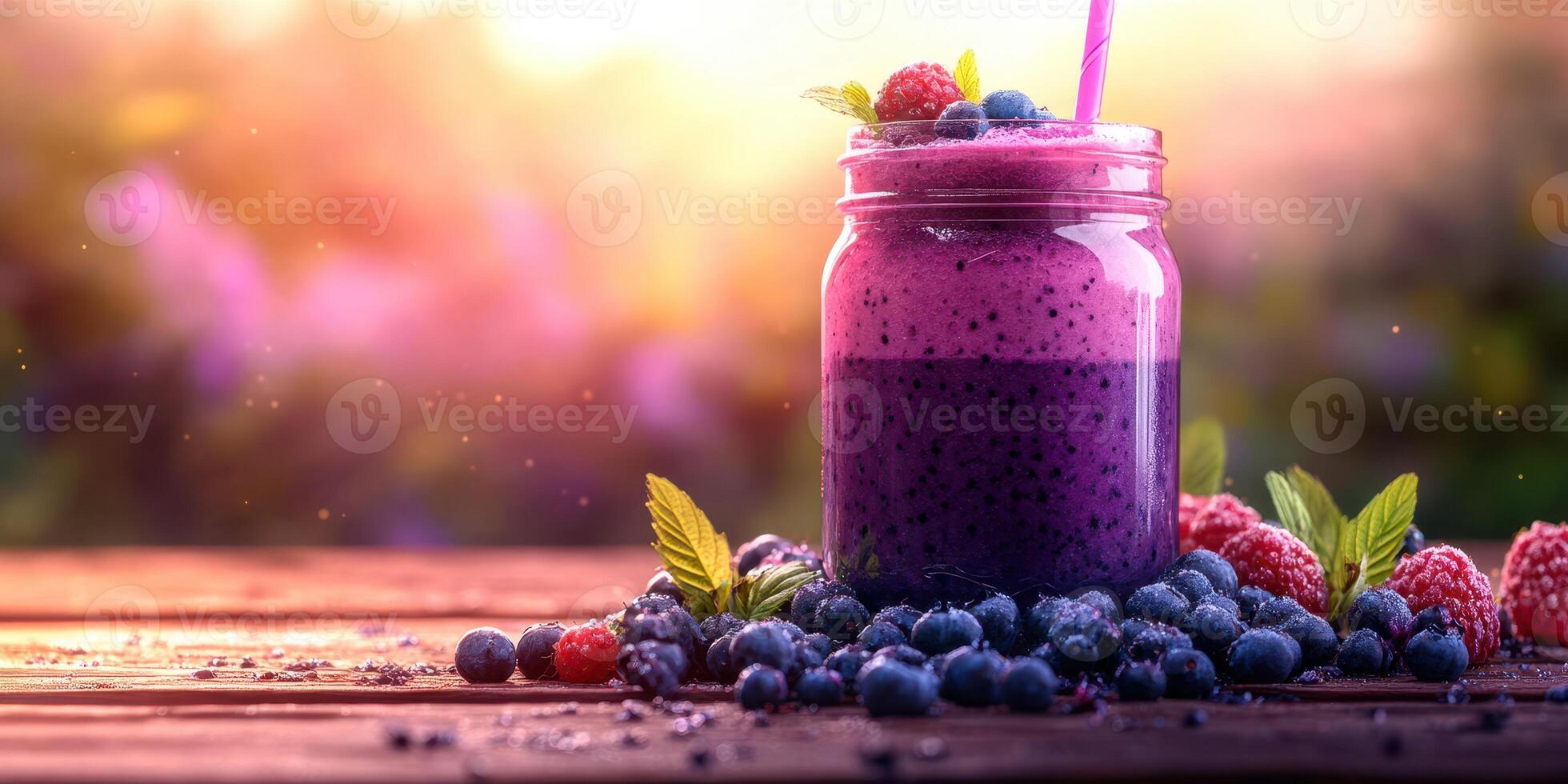 Delicious berry smoothie in a jar surrounded by fresh fruit at sunset photo