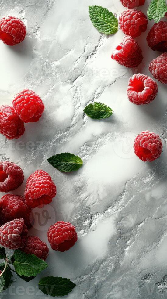 Fresh raspberries and mint leaves arranged on a light textured surface create a vibrant, appetizing display photo