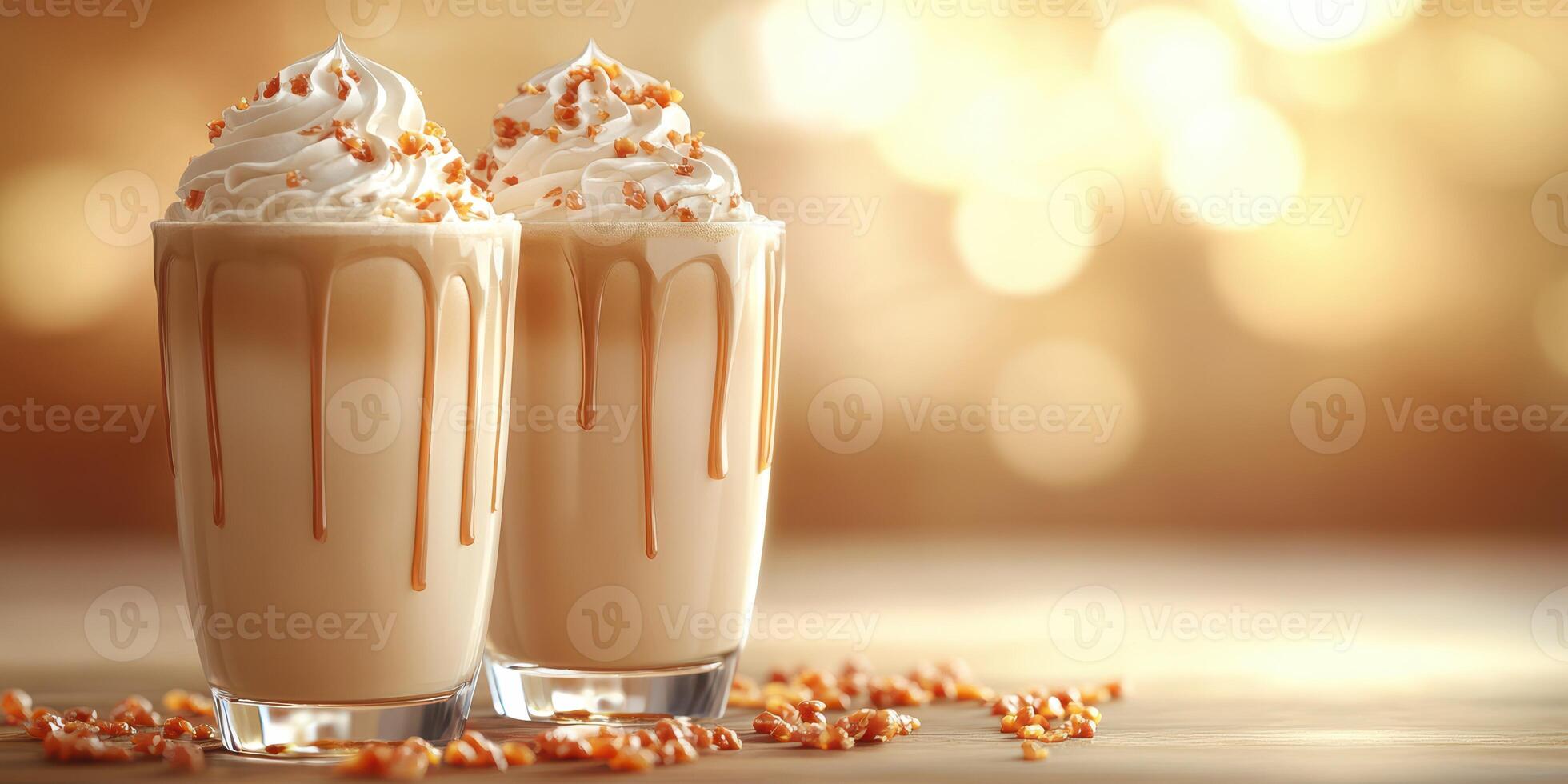 Delicious dessert drinks with whipped cream and caramel drizzle on a wooden table in warm ambient light photo