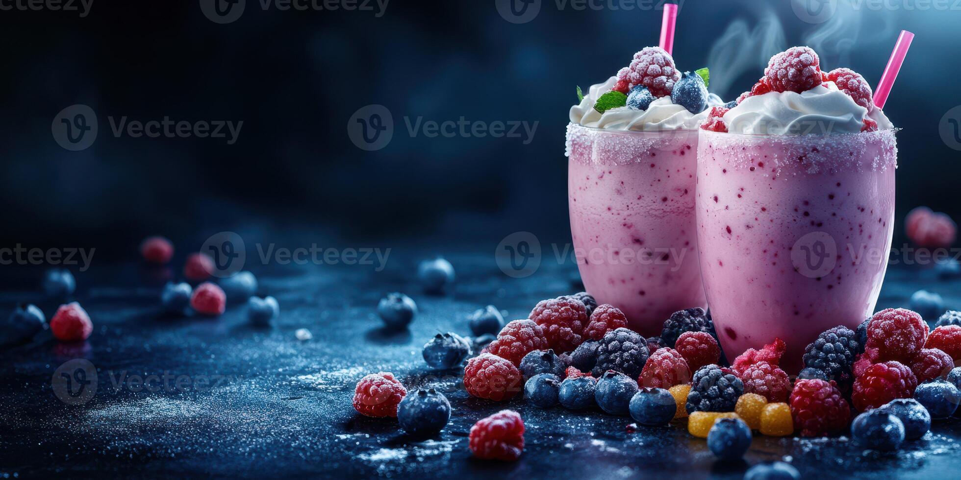 Refreshing raspberry and blueberry smoothies with whipped cream garnished with colorful fruits in a dark setting photo