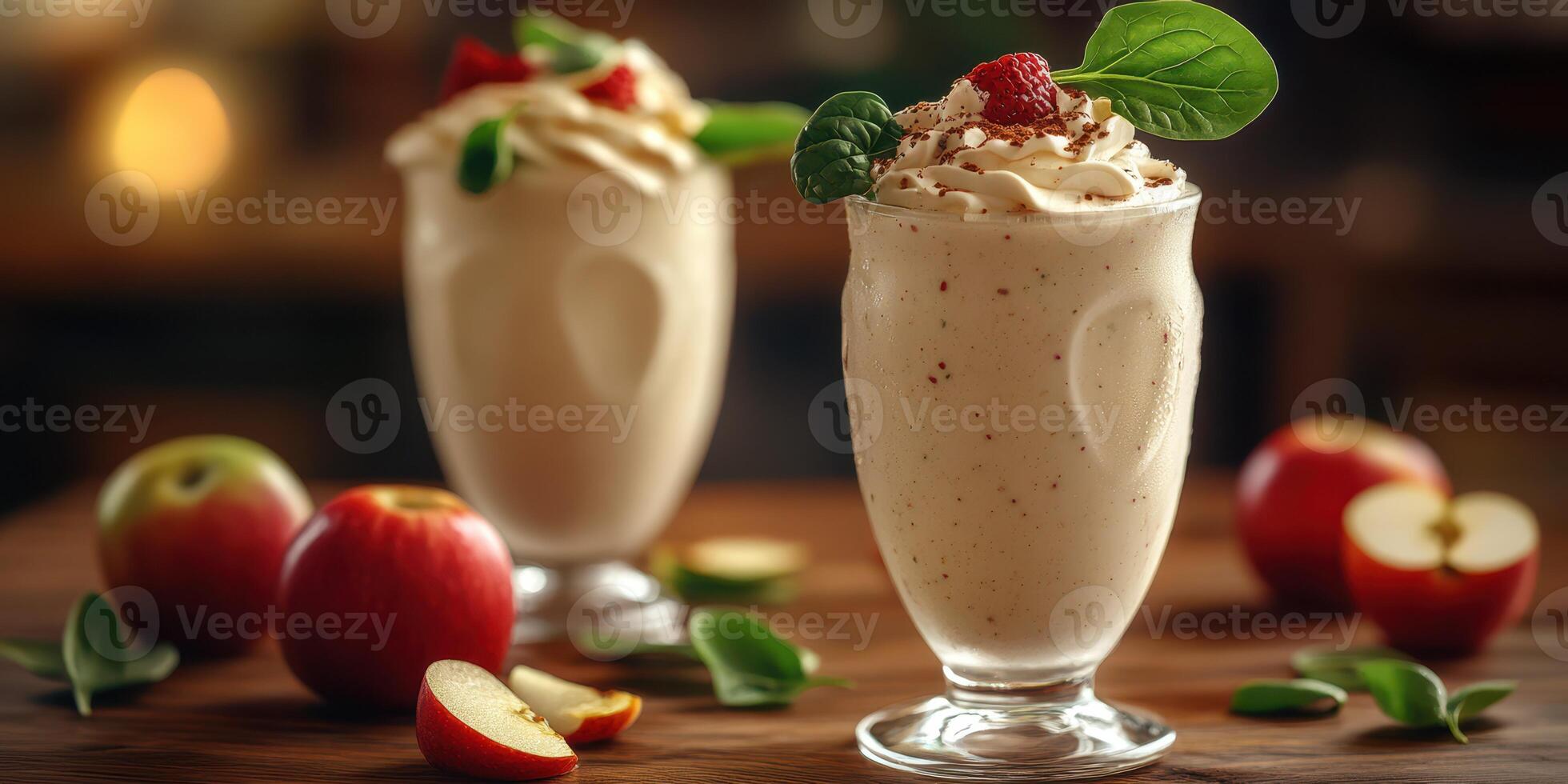 Creamy fruit smoothies decorated with raspberries and fresh spinach on a wooden table photo
