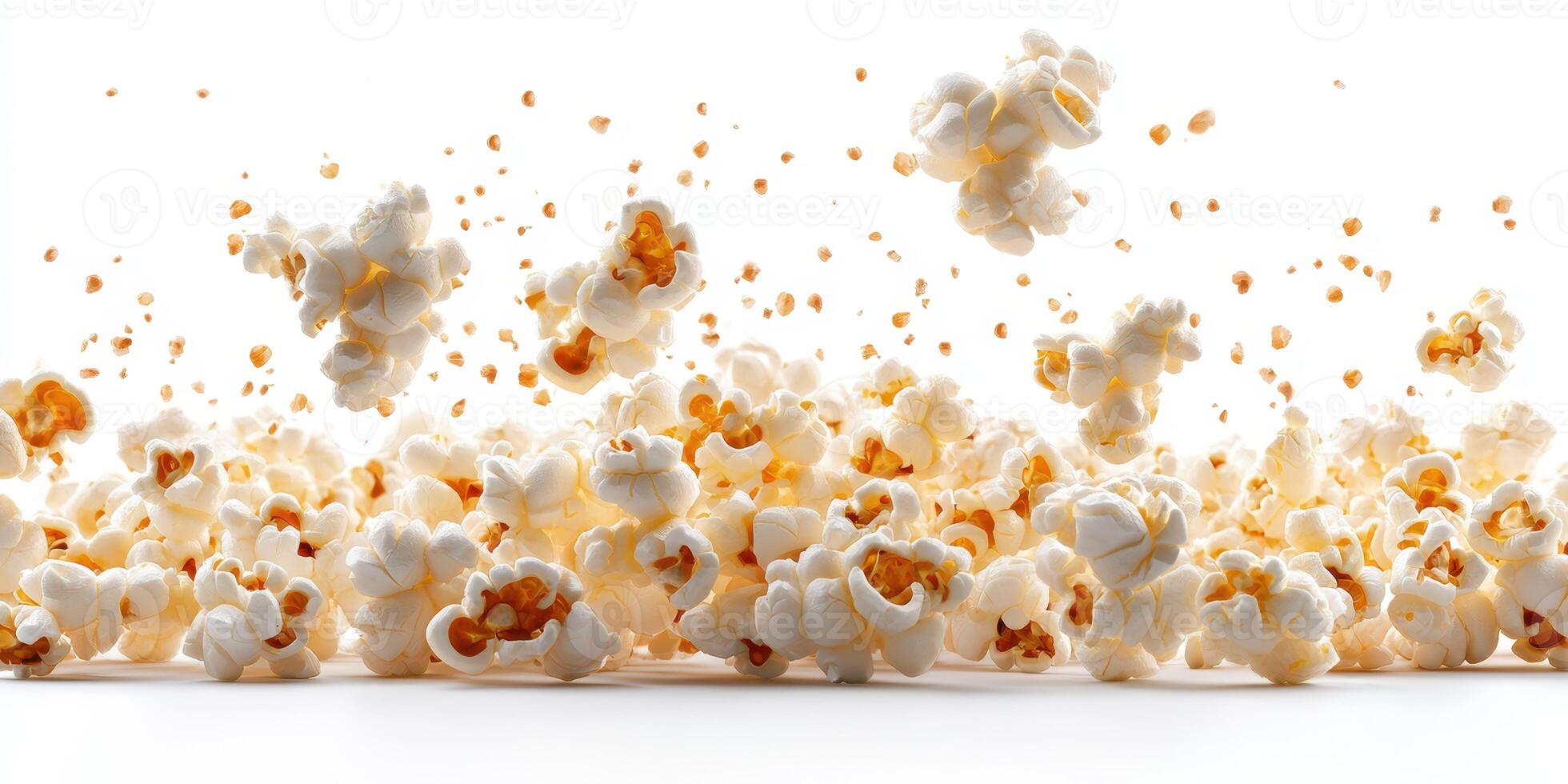 Popcorn flies through the air in a dynamic display, showcasing motion and texture against a bright background photo