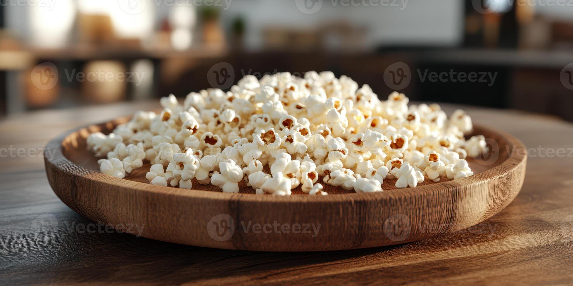 Freshly popped popcorn served on a wooden plate in a cozy cafe setting during the afternoon photo