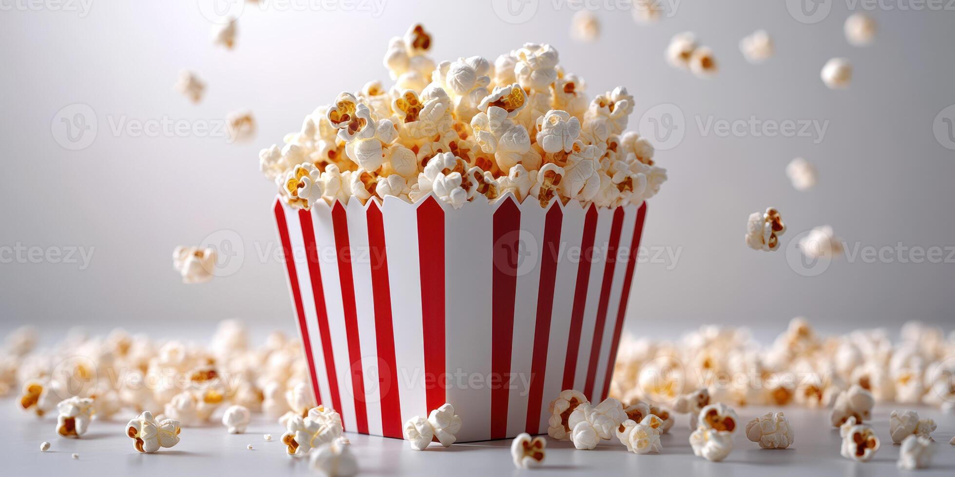 Classic red and white striped bucket overflowing with freshly popped popcorn on a clean surface photo
