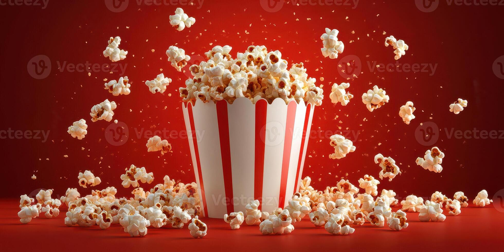 Popcorn bursts from a large striped container against a vibrant red background during a lively celebration photo