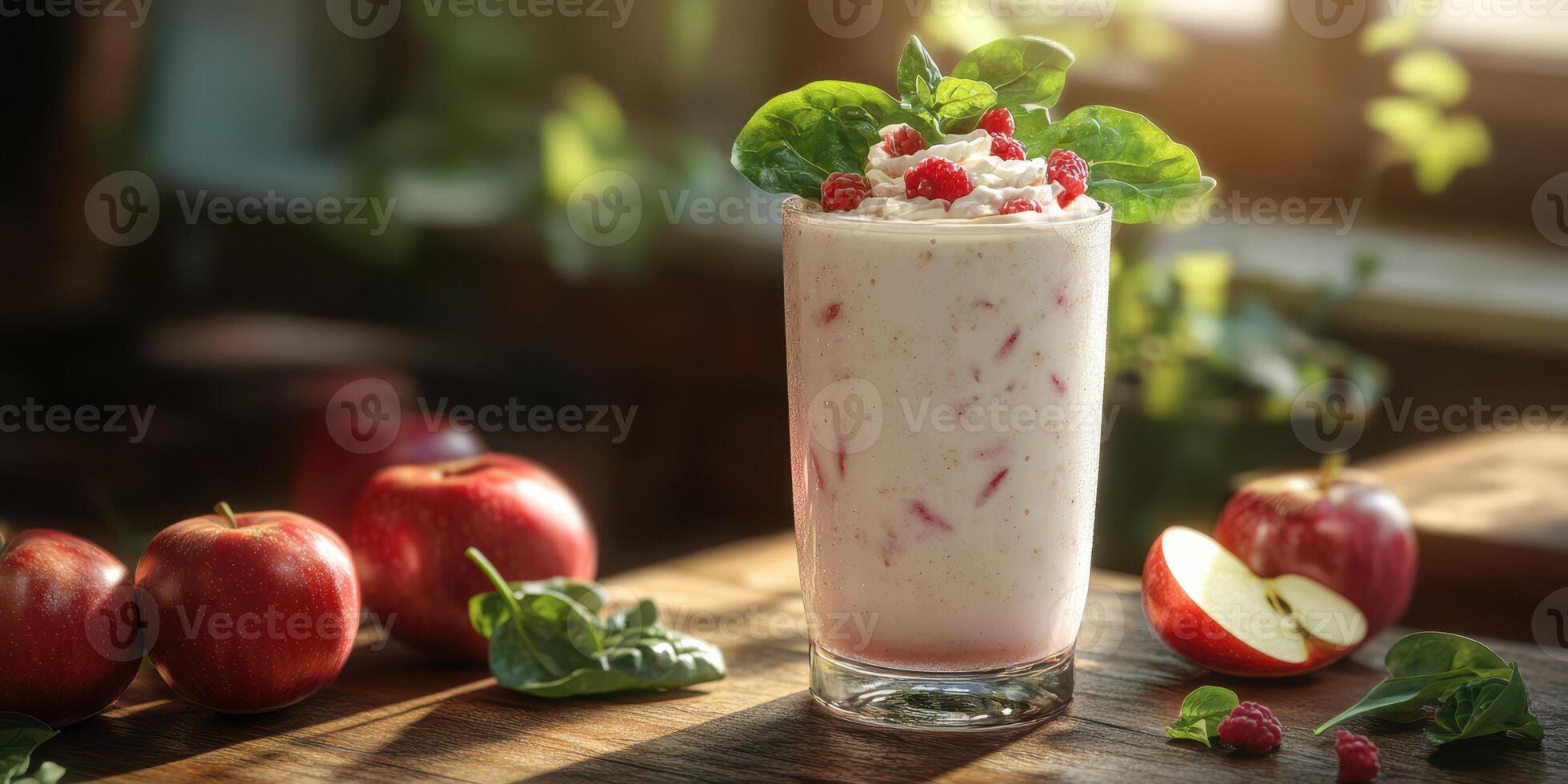 Delicious smoothie with raspberries and spinach served in a tall glass on a wooden table photo
