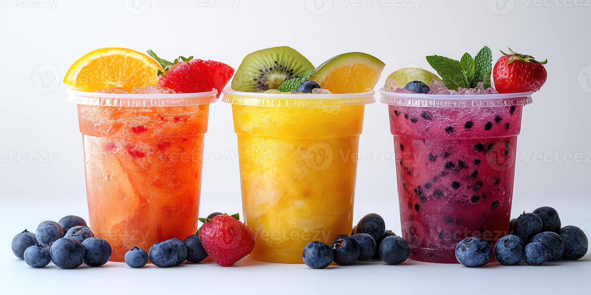 Refreshing fruit drinks in colorful cups garnished with fresh berries and citrus on a light background photo