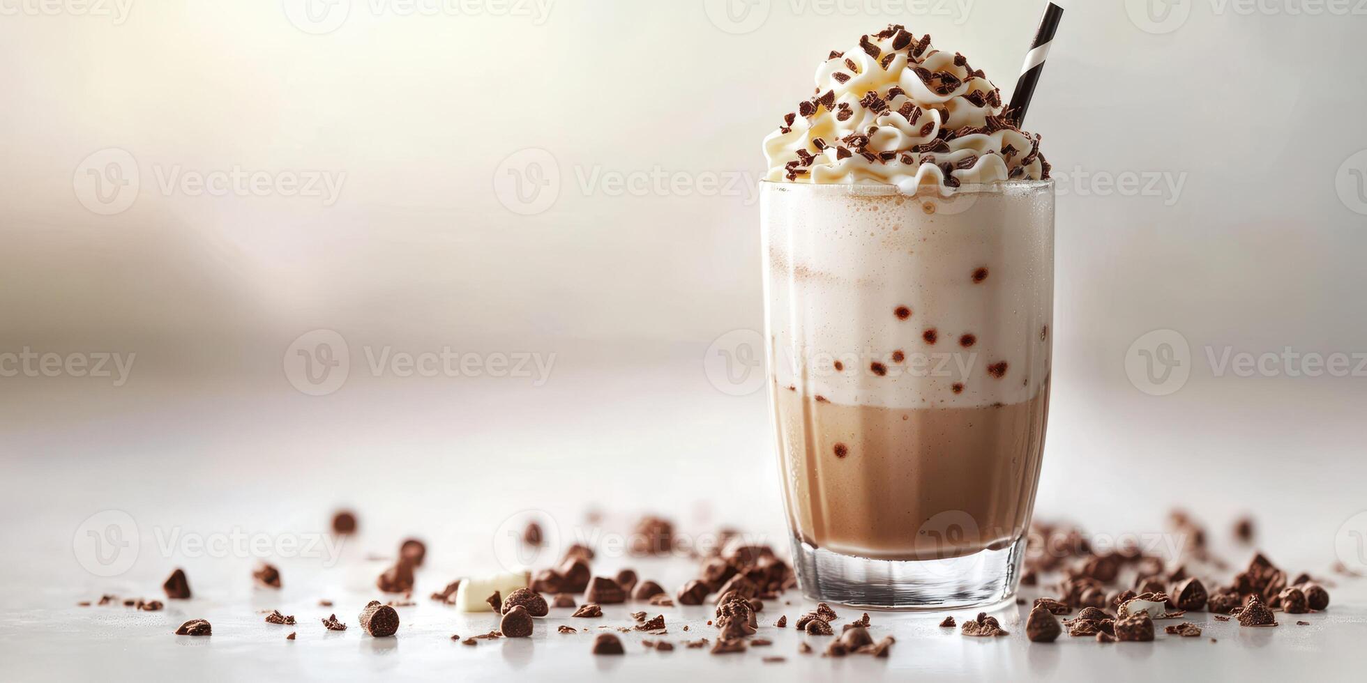 Whipped chocolate dessert beverage garnished with cream and chocolate shavings in a glass on a light background photo