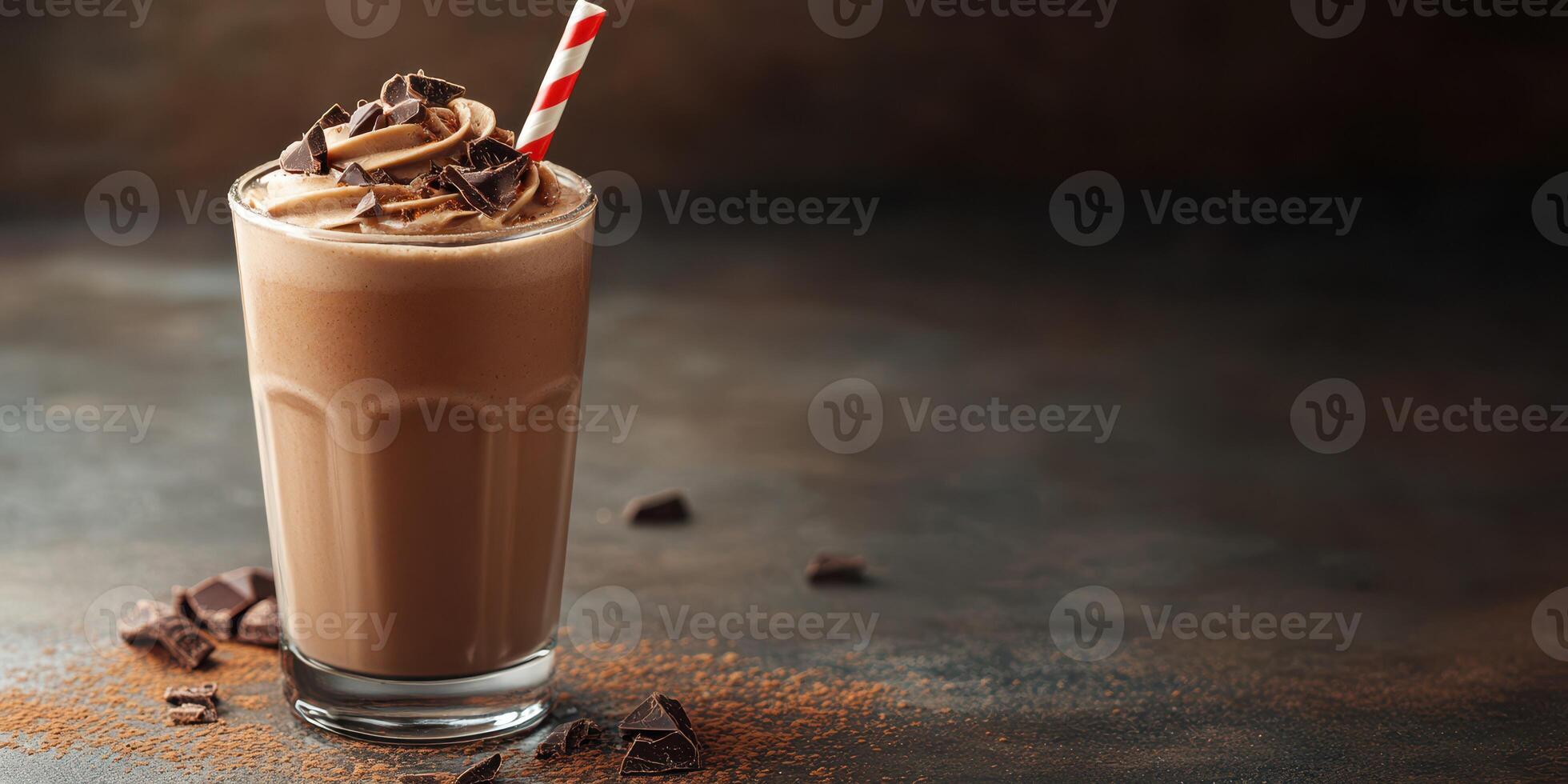 Delicious chocolate milkshake with whipped cream and chocolate shavings on a rustic table photo