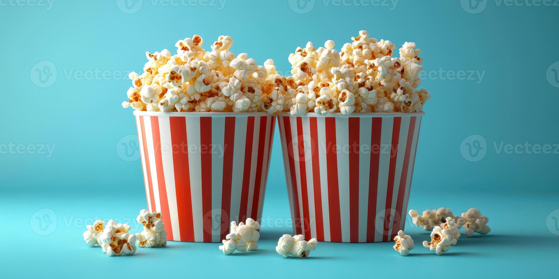 Freshly popped popcorn in striped containers on a bright blue background perfect for movie nights photo