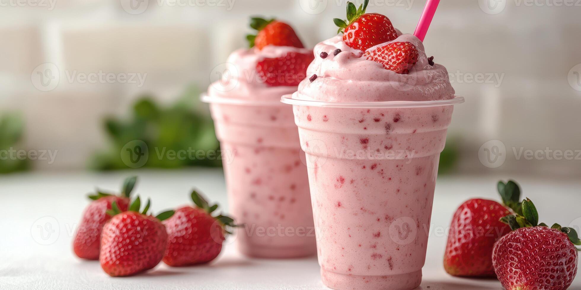 Refreshing strawberry smoothie served in clear cups with fresh berries nearby on a light surface photo