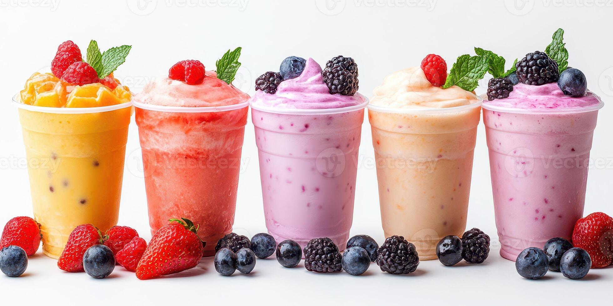 Refreshing fruit smoothies arranged in colorful cups with fresh berries and mint garnishes photo