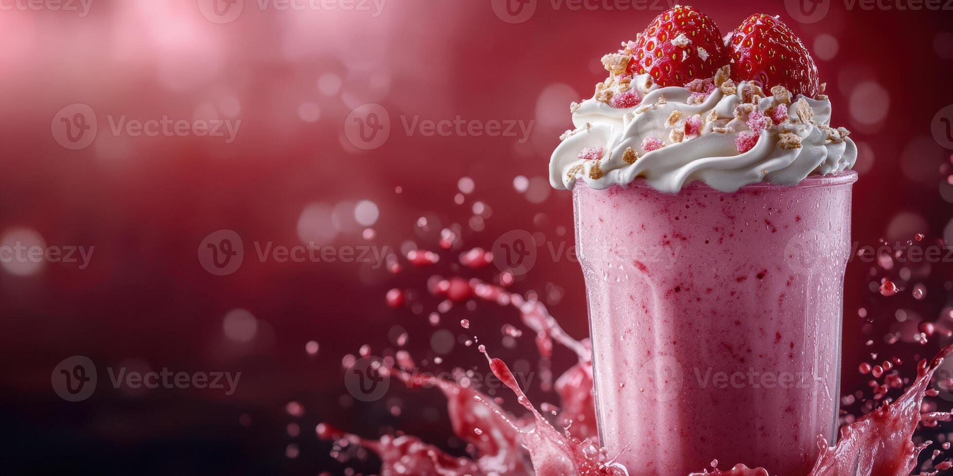 Delicious strawberry milkshake with whipped cream and toppings splashing in vibrant background photo