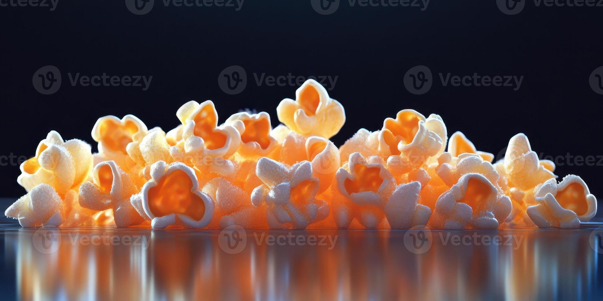 Popcorn scattered on a reflective surface beautifully illuminated against a dark backdrop photo