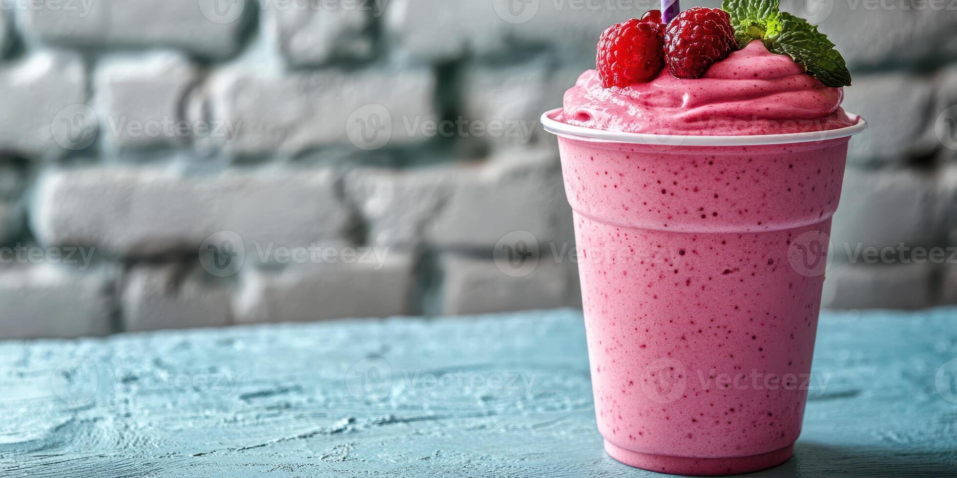 Refreshing raspberry smoothie served in a cup with a garnish of mint leaves on a textured surface photo