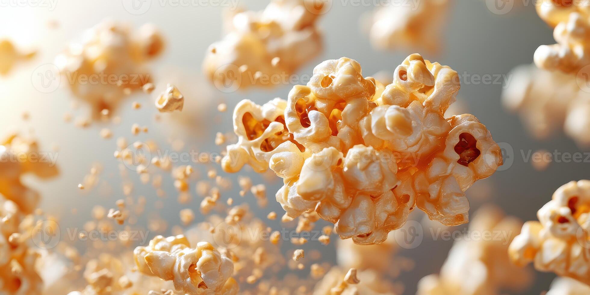 Freshly popped popcorn floating in the air, creating a whimsical and lively atmosphere during movie night photo