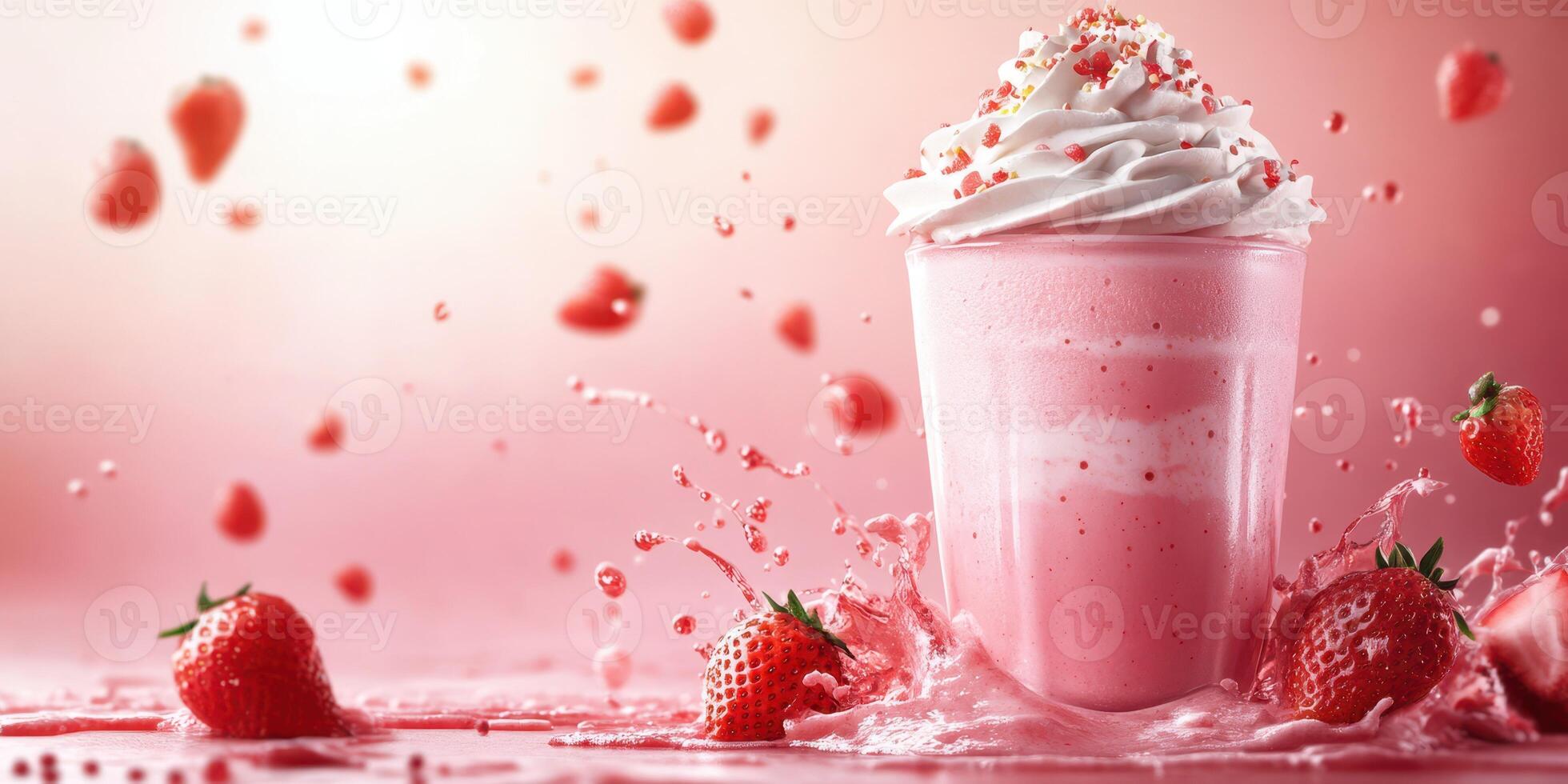 Refreshing strawberry dessert drink with whipped cream and splashes of fruit juice in a vibrant pink setting photo