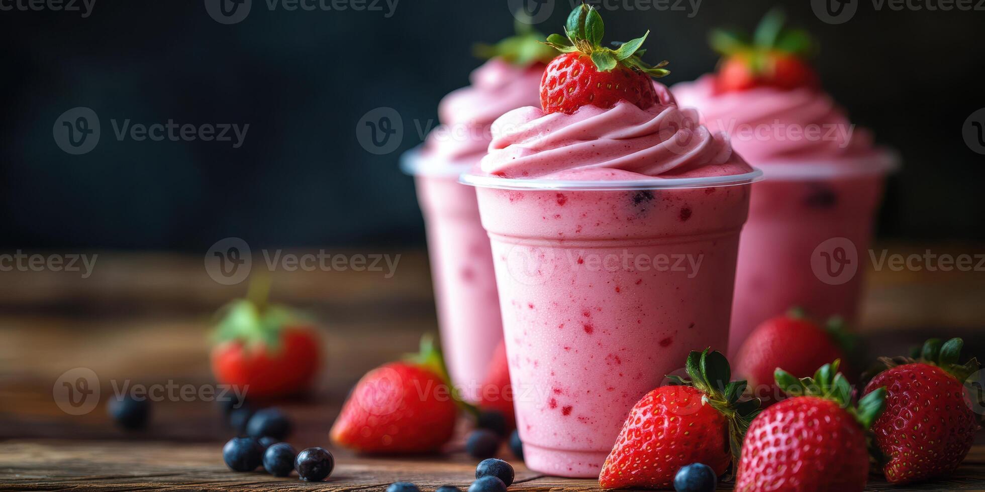 Refreshing strawberry and blueberry smoothies served in cups on a wooden table with fresh fruits photo
