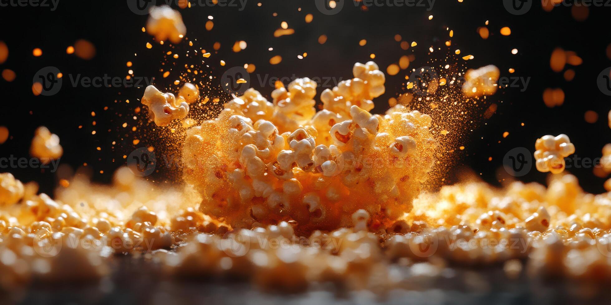 Burst of popcorn kernels creating an explosion of flavor in a darkened setting during a movie night photo